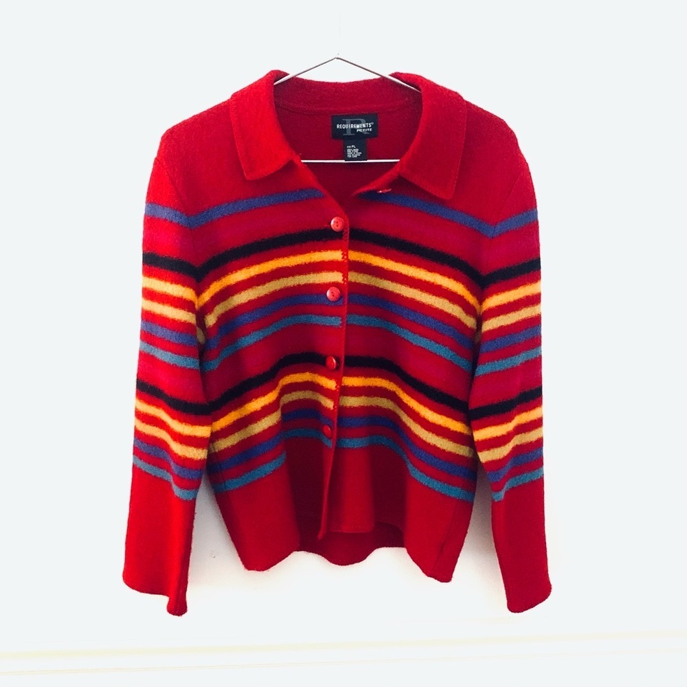 REQUIREMENTS Petite Vintage Boiled Wool Cardigan Sweater, Red Multi Striped